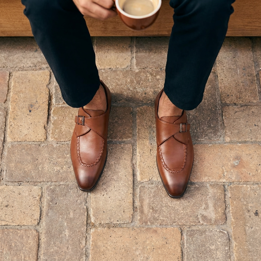 Galvare Classico – Chaussure Monk à Boucle en Cuir (Noir & Marron)
