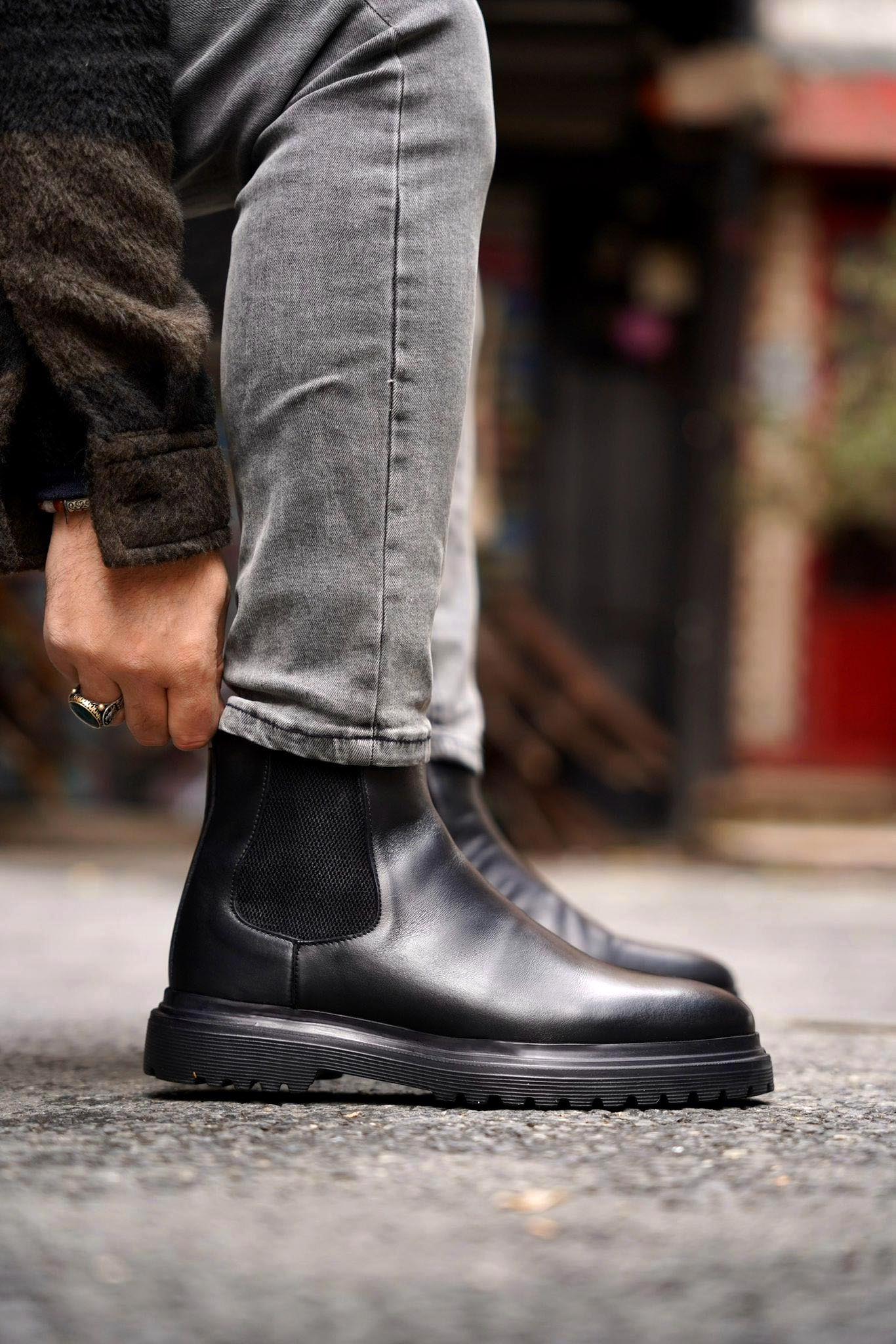 Galvare Bottes Chelsea pour homme en cuir noir  véritable